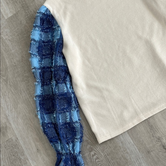 THML Denim Patchwork Puff Sleeve Top Short Long Sleeve White Blue Women L Cotton - Picture 7 of 12